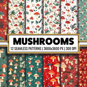 Christmas Mushroom Digital Paper: Woodland Holiday Seamless Pattern (Digital Download)
