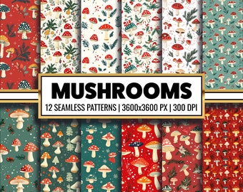 Christmas Mushroom Digital Paper: Woodland Holiday Seamless Pattern (Digital Download)