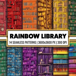 May include: A set of 14 seamless digital patterns featuring colorful bookshelves filled with books. The patterns are perfect for creating backgrounds, scrapbooking, and other creative projects.  "RAINBOW LIBRARY" is written in a gold banner across the top of the image.  "14 SEAMLESS PATTERNS | 3600x3600 PX | 300 DPI" is written in a white banner below the gold banner.