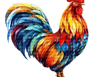 Colorful Rooster Clipart Watercolor Farm Animal Paper Craft Bundle PNG Digital Download