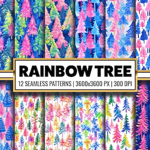 May include: Twelve seamless patterns featuring watercolor illustrations of rainbow trees. Each pattern is 3600x3600 pixels and 300 DPI.