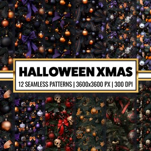 May include: Twelve seamless patterns featuring a black Christmas tree decorated with purple, gold, and red ornaments, skulls, and other Halloween-themed decorations. The text "HALLOWEEN XMAS" is displayed in a gold banner above the patterns. The text "12 SEAMLESS PATTERNS | 3600x3600 PX | 300 DPI" is displayed below the patterns.