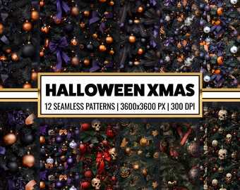 May include: Twelve seamless patterns featuring a black Christmas tree decorated with purple, gold, and red ornaments, skulls, and other Halloween-themed decorations. The text "HALLOWEEN XMAS" is displayed in a gold banner above the patterns. The text "12 SEAMLESS PATTERNS | 3600x3600 PX | 300 DPI" is displayed below the patterns.