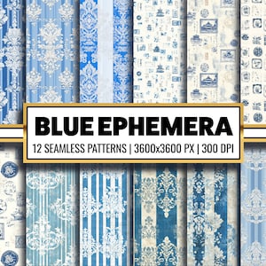 Blue Ephemera Digital Paper Vintage Lace Seamless Pattern Old Paper Texture Decoupage Backdrop Vintage Scrapbook for Gift Wrapping and Paper