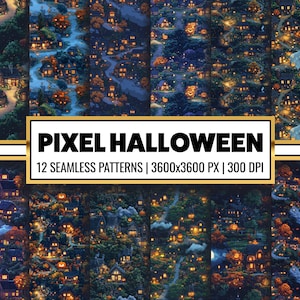 Pixel Halloween Town Digital Paper Pixelated Seamless Pattern for Gift Wrapping, Wall Art, Background Design, and Scrapbooking