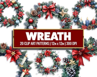 Watercolor Christmas Wreath Clip Art: Xmas Digital Paper (PNG)