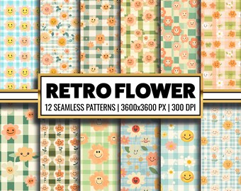 Groovy Flower Digital Paper Retro Seamless Pattern Smiling Daisy Paper Craft Boho Flower per tessuto, sublimazione e scrapbooking