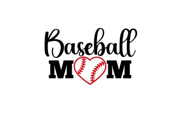 Könnte beinhalten: Baseball Mom Text mit einem roten Herzen, das einen weißen Baseball mit roten Nähten enthält.
