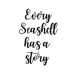 以下が含まれることがあります： 「Every Seashell has a story」という黒と白の書道テキストです。