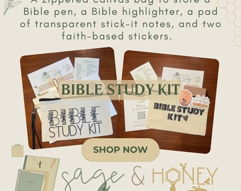 May include: A beige canvas bag with the text "Bible Study Kit" printed on it. The bag is filled with various items, including a Bible pen, a highlighter, and sticky notes. The bag is on a wooden surface with a sage and honey theme.