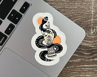 Snake Charmer Sticker, Traditional Tattoo Style, Easy Peel, Bold and Vibrant Design for Laptops, Phone Cases, and Water Bottles