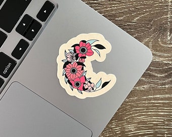 Flower Moon Sticker, Traditional Tattoo Style Teacup, Easy Peel, Bold and Vibrant Design for Laptops, Phone Cases, and Water Bottles