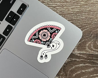 Peony Fan Sticker, Traditional Tattoo Style, Floral, Flowers, Easy Peel, Bold and Vibrant Design for Laptops, Phone Cases, and Water Bottles