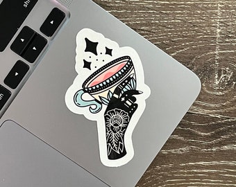 Tattoo Latte Sticker, Traditional Tattoo Style Teacup, Easy Peel, Bold and Vibrant Design for Laptops, Phone Cases, and Water Bottles