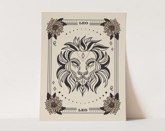 Leo Art Print, Zodiac Star Sign Wall Art, Witchy Wall Decor, Tarot Aesthetic Decor, Boho Chic, Geometric Lion Design, For Tattoo Lovers