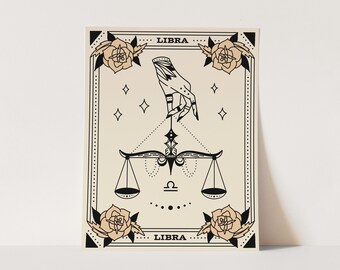 Libra Art Print, Zodiac Star Sign Wall Art, Witchy Wall Decor, Tarot Aesthetic, Boho Chic, Geometric Scales, Tattooed Hand, Tattoo Lovers