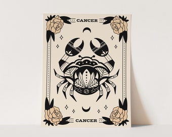 Cancer Art Print, Zodiac Star Sign Wall Art, Witchy Wall Decor, Tarot Aesthetic Decor, Boho Chic, Geometric Crab Design, Tattoo Lovers
