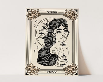 Virgo Art Print, Zodiac Star Sign Wall Art, Witchy Wall Decor, Tarot Aesthetic Decor, Boho Chic, Traditional Woman Portrait, Tattoo Lovers