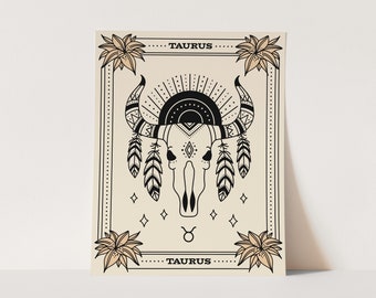 Taurus Art Print, Zodiac Star Sign Wall Art, Witchy Wall Decor, Tarot Aesthetic Decor, Boho Chic, Geometric Bull Skull, For Tattoo Lovers