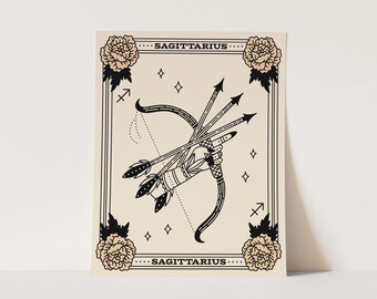 Sagittarius Art Print, Zodiac Star Sign Wall Art, Witchy Wall Decor, Tarot Aesthetic, Boho Chic, Geometric Archer Design, For Tattoo Lovers