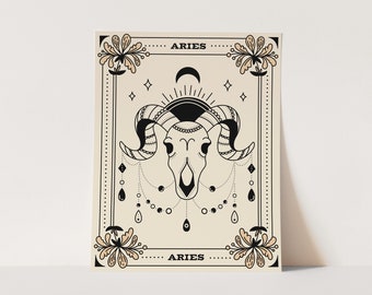 Aries Art Print, Zodiac Star Sign Wall Art, Witchy Wall Decor, Tarot Aesthetic Decor, Boho Chic, Geometric Ram Skull, For Tattoo Lovers