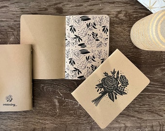 Whimsical Rose Bouquet | Artisan Sketchbook, Handcrafted Kraft Notebook, Linocut-Inspired Illustration, Handmade Blank Mini Sketchbook