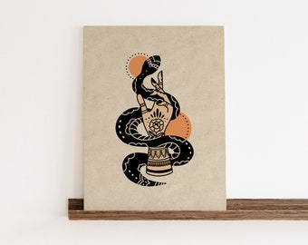 Snake Charmer Art Print, Tattooed Hand and Winding Snake, Boho Art, Witchy Wall Decor, Dorm Room and Office Aesthetic Art, For Tattoo Lovers