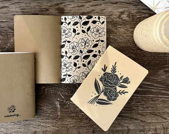 Rose Garden Reverie | Artisan Sketchbook, Handcrafted Kraft Notebook, Linocut-Inspired Bouquet Illustration, Handmade Blank Mini Sketchbook