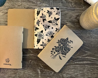 Botanical Bliss Rose Bouquet | Artisan Sketchbook, Handcrafted Kraft Notebook, Linocut-Inspired Illustration, Handmade Blank Mini Sketchbook
