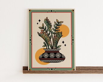 ZZ Plant Art Print, House Plant Wall Art, Traditional Tattoo Style, Plant Lover Wall Decor