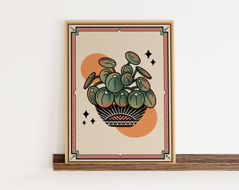 Pilea Art Print, Money Plant Art Print, House Plant Wall Art, Traditional Tattoo Style, Plant Lover Wall Decor