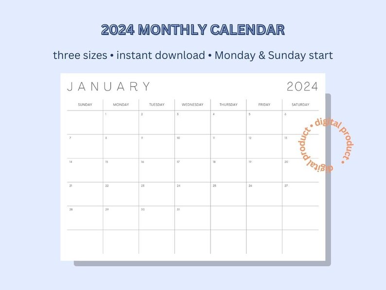 Printable Calendar 2024 Monthly Planner 2024 Landscape Etsy