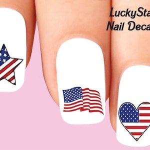 Nail Decals Nail Tattoos Set of 20 - Happy 4th of July Flag Star Heart Assorted