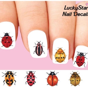 Op de afbeelding: Nagelstickers met verschillende lieveheersbeestjesontwerpen. De stickers tonen rode, oranje en gele lieveheersbeestjes met zwarte stippen en strepen. De tekst "LuckyStar Nail Decals" is zichtbaar.