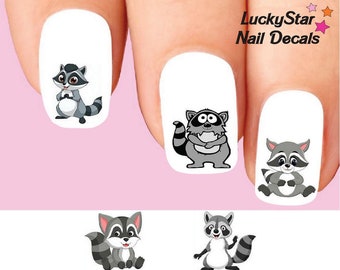 Raccoon Nail Decals - Cute Cartoon Animals, Set of 20