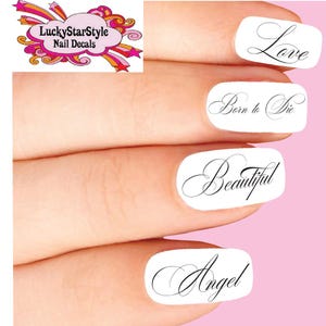 May include: Nail decals with the words "Love", "Born to Die", "Beautiful", and "Angel" in elegant script. The decals are white with black lettering. The image also includes a logo that says "LuckyStarStyle Nail Decals".
