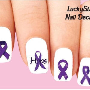 Nail Decals Nail Tattoos Set of 20 - Purple Cancer Awareness Ribbon Assorted