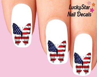 Nail Decals Nail Tattoos Set of 20 - Happy 4th of July Butterfly Flag