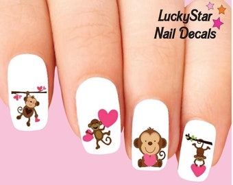 Nail Decals Nail Tattoos Set of 20 - Cute Monkeys with Hearts Assorted