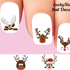 Nail Decals Nail Tattoos Set of 20 - Christmas Holiday Cute Reindeer Faces Assorted
