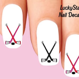 Nail Decals Nail Tattoos Set of 20 - Pink and Black Hockey Sticks & Puck Assorted