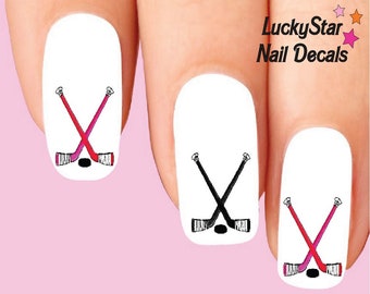 Nail Decals Nail Tattoos Set of 20 - Pink and Black Hockey Sticks & Puck Assorted