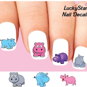 Nail Decals Nail Tattoos Set of 20 - Cute Hippo Hippopotamus Assorted