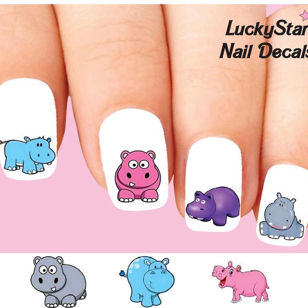 Nail Decals Nail Tattoos Set of 20 - Cute Hippo Hippopotamus Assorted