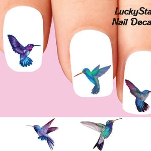 Nail Decals Nail Tattoos Set of 20 - Purple and Blue Hummingbirds Assorted