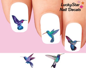 Nail Decals Nail Tattoos Set of 20 - Purple and Blue Hummingbirds Assorted