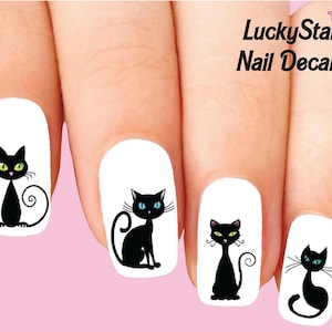 Nail Decals Nail Tattoos Set of 20 - Cute Black Cat Kitty Assorted
