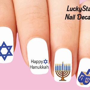 Nail Decals Nail Tattoos Set of 20 - Jewish Hanukkah Menorah Dreidel Assorted