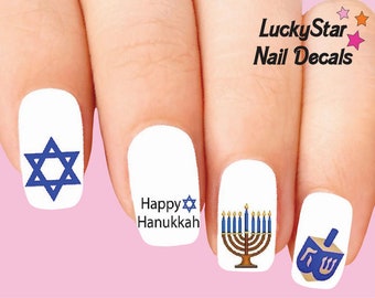 Nail Decals Nail Tattoos Set of 20 - Jewish Hanukkah Menorah Dreidel Assorted