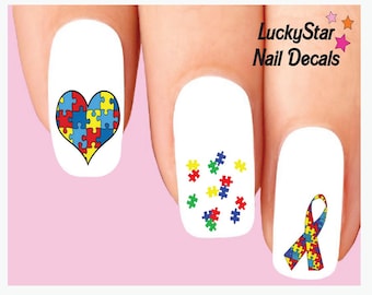Nail Decals Nail Tattoos Set of 20 - Autism Ribbon Heart Assorted